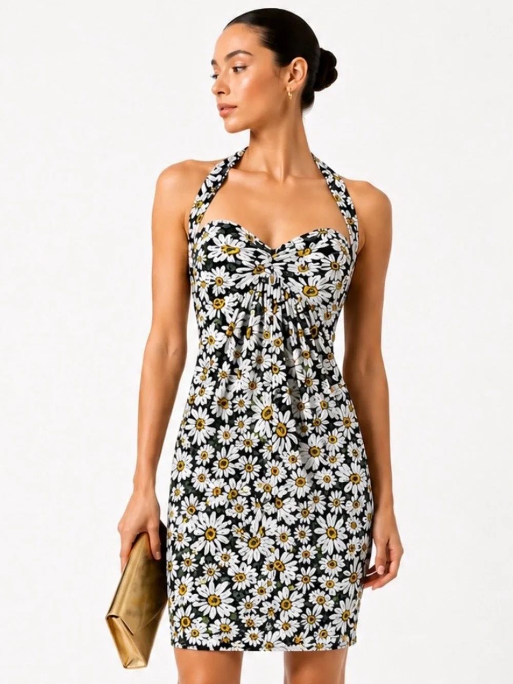 NORMA KAMALI Daisy Halter Neck Sundress - Black with White & Yellow Floral